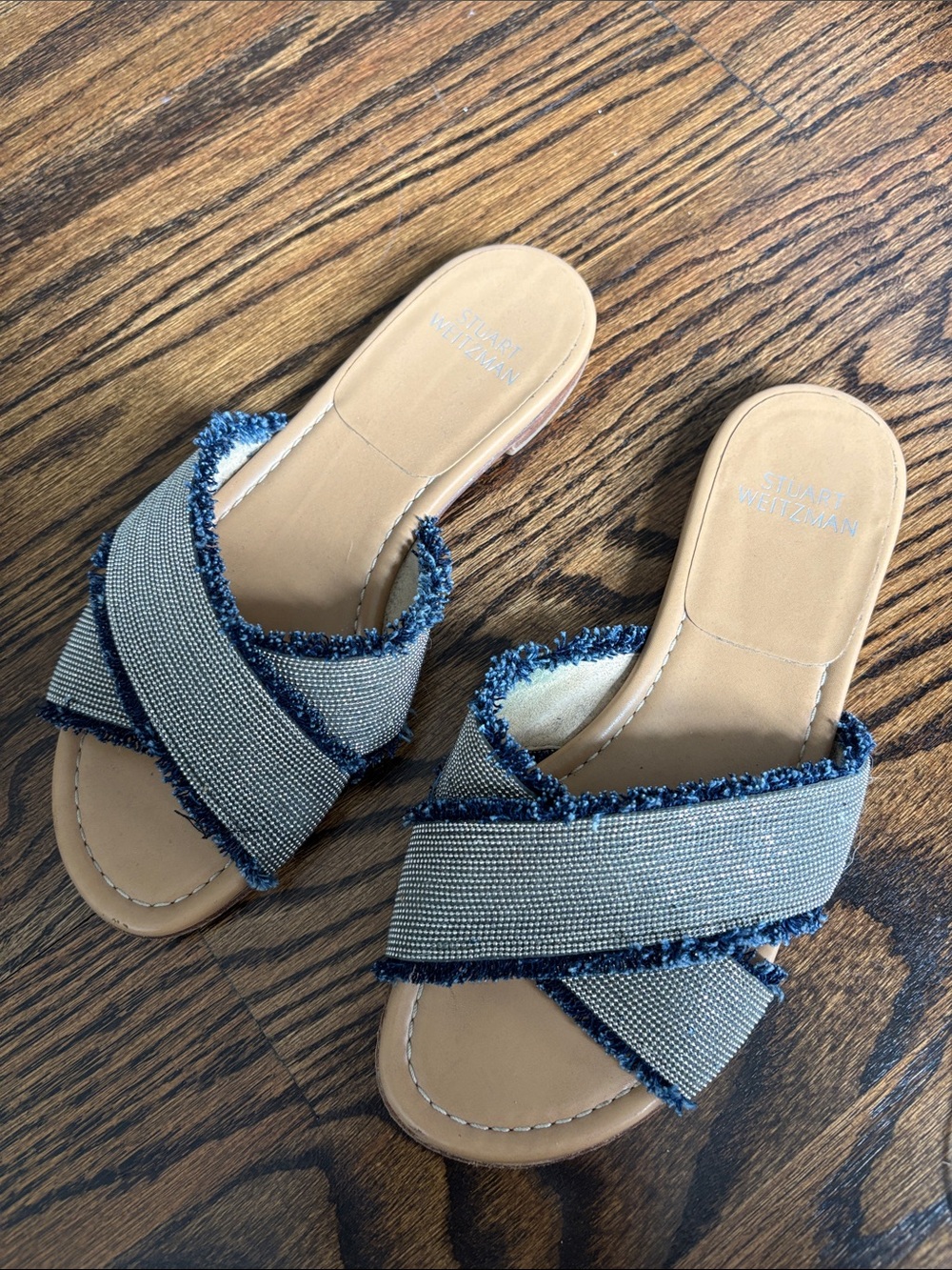 Stuart Weitzman Women's Fringed Crisscross Denim-Trim Slide Sandals - Navy & Tan
